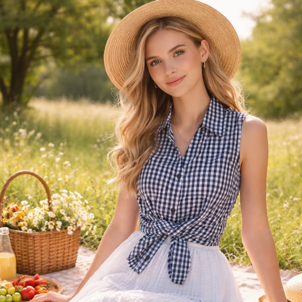 Basic Editions Navy Gingham Checkered Sleeveless Blouse, Size S